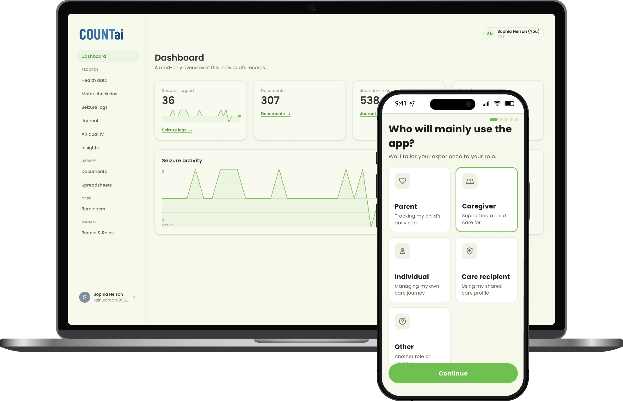 COUNTai dashboard and mobile onboarding screens