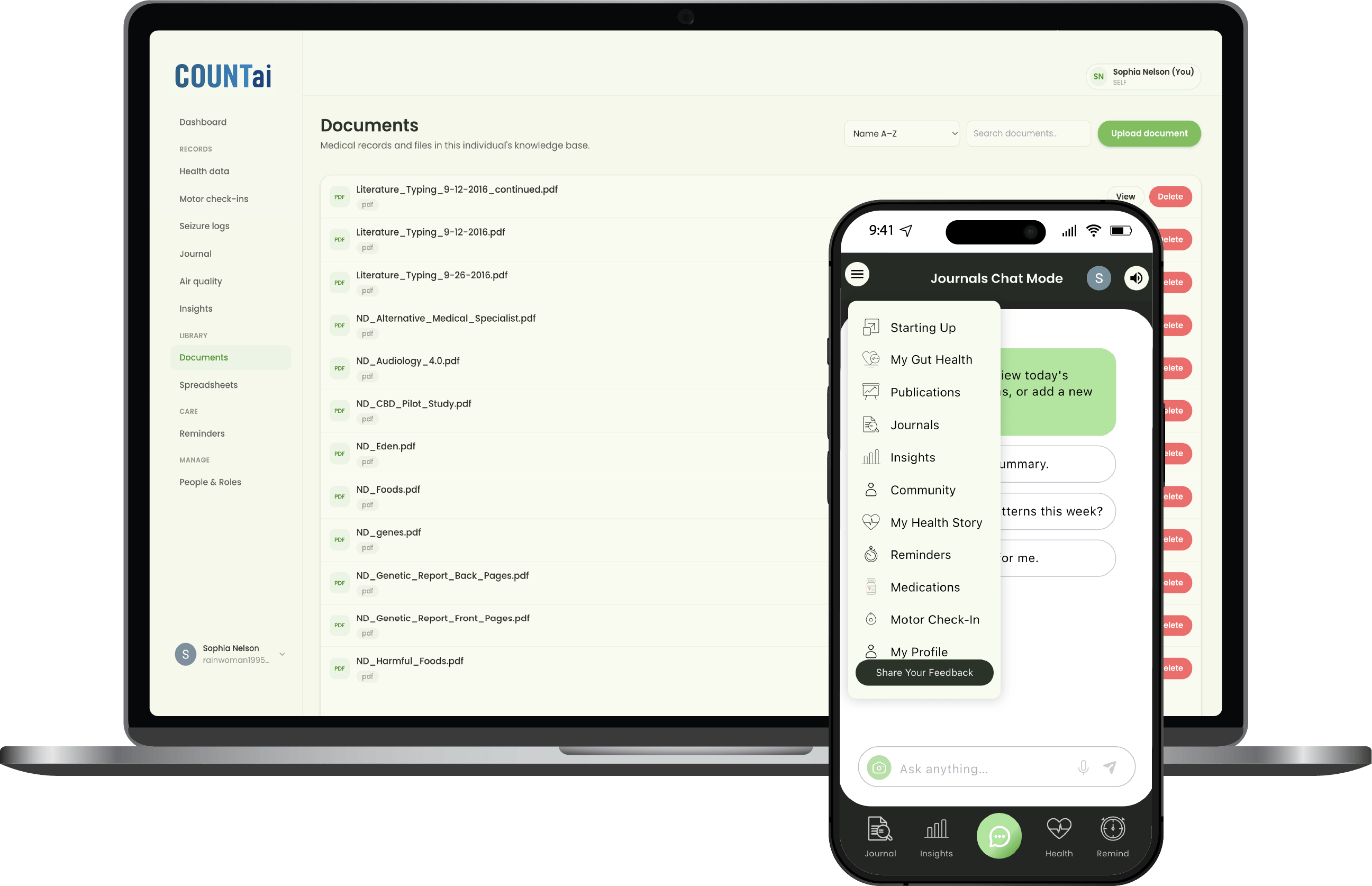 COUNTai documents dashboard and Journals Chat Mode on mobile